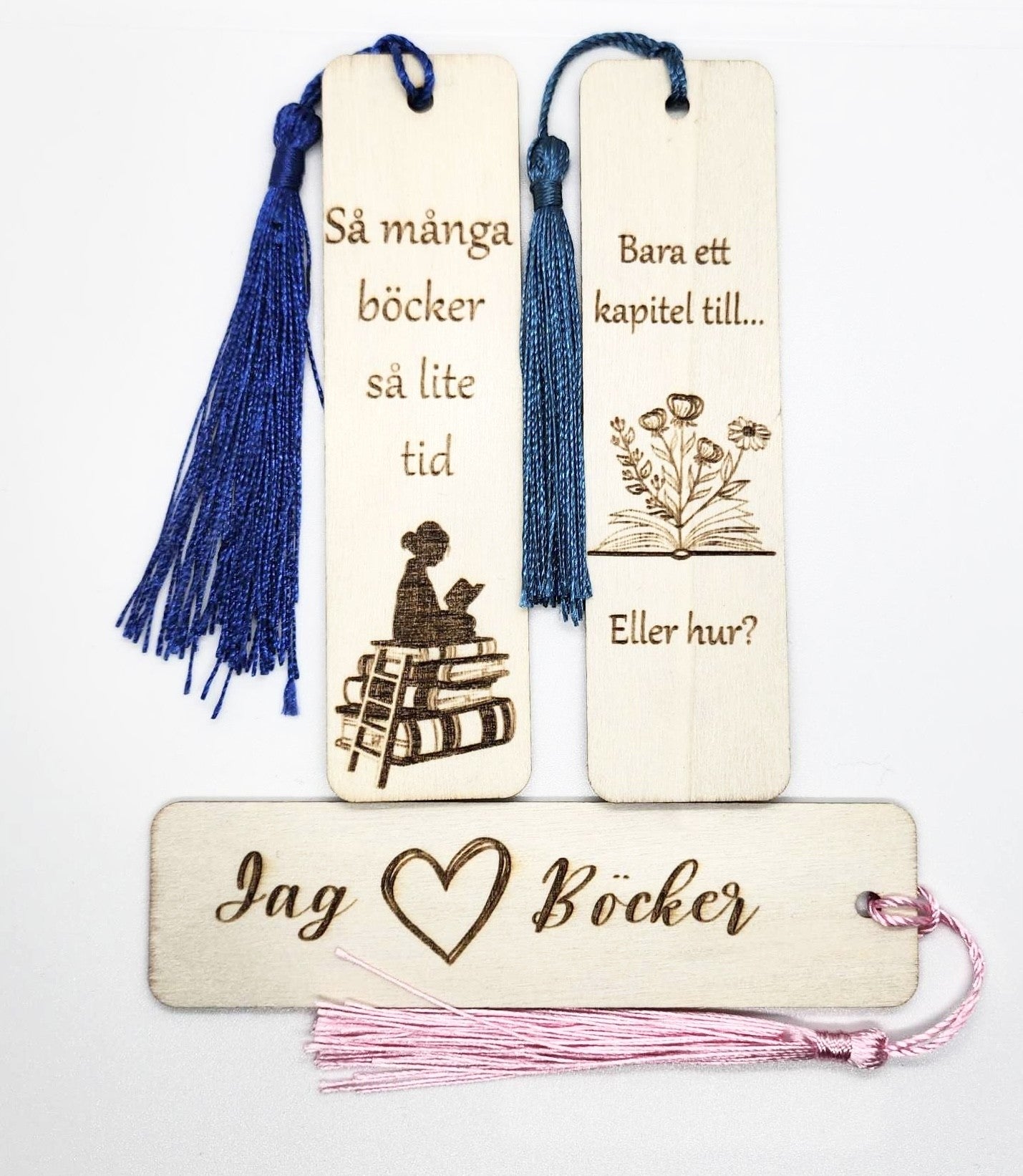 Träbokmärke 3-pack -  Jag älskar böcker
