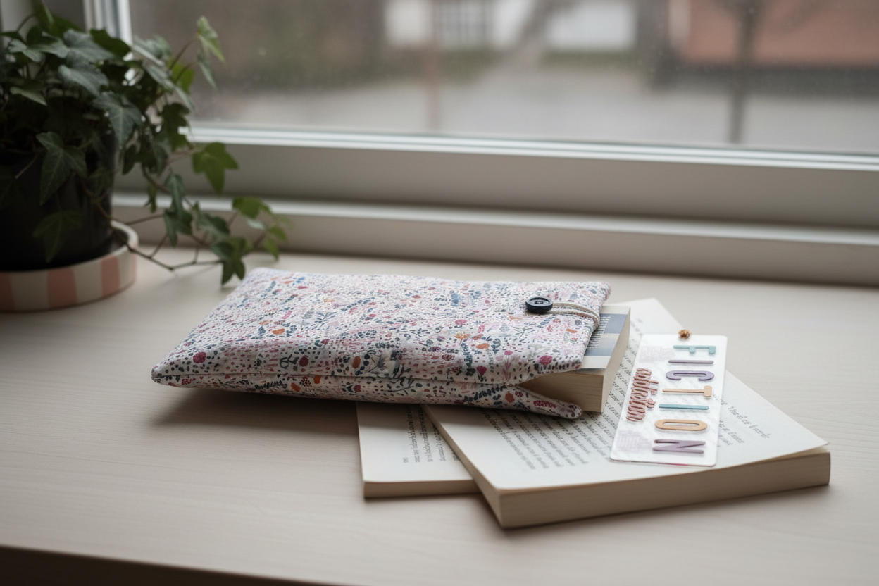 Book sleeve och bokmärke på fönsterbräda