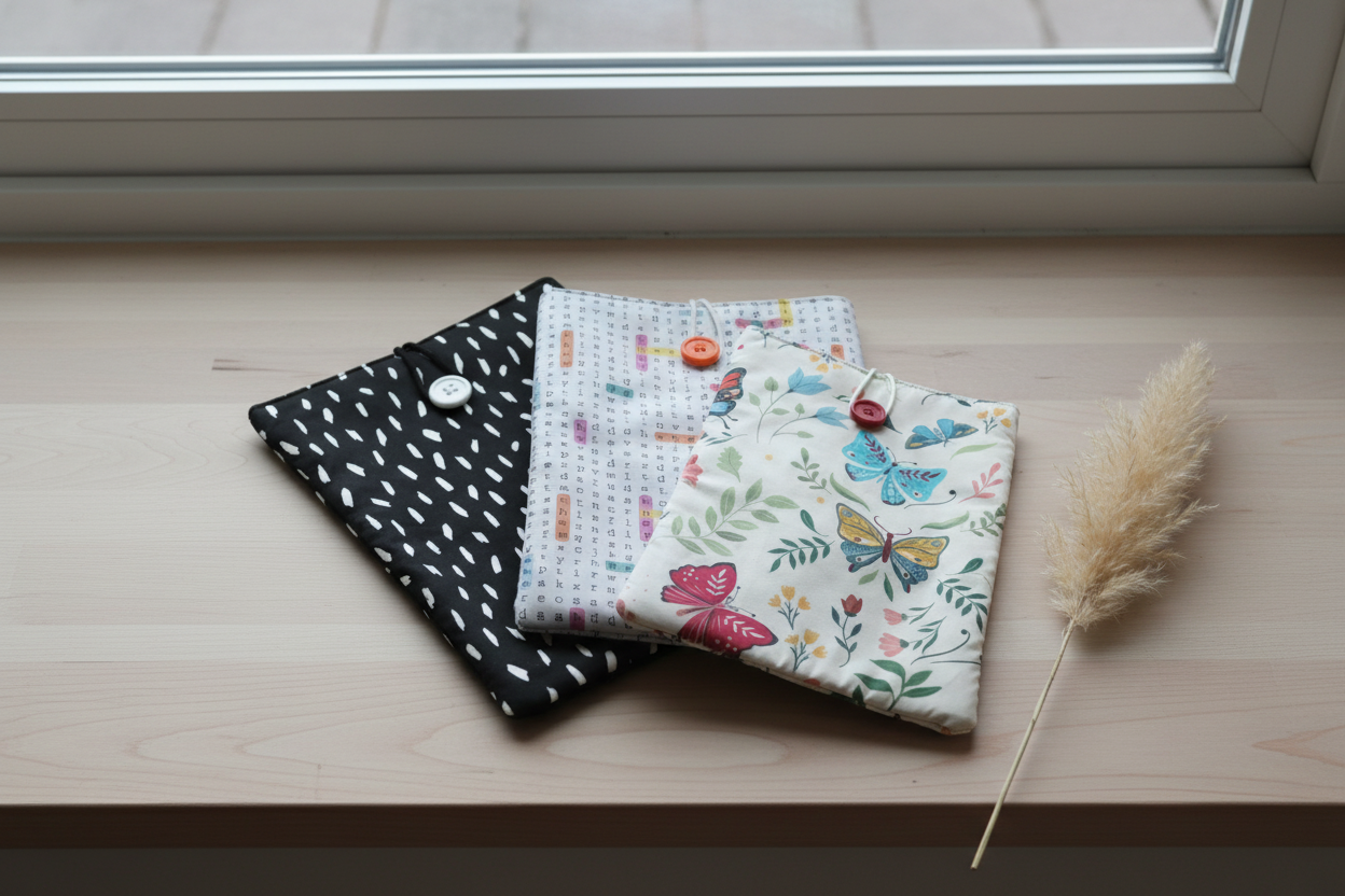 Tre book sleeves i fönster