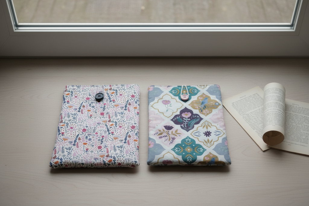 Två blommiga book sleeves i fönster