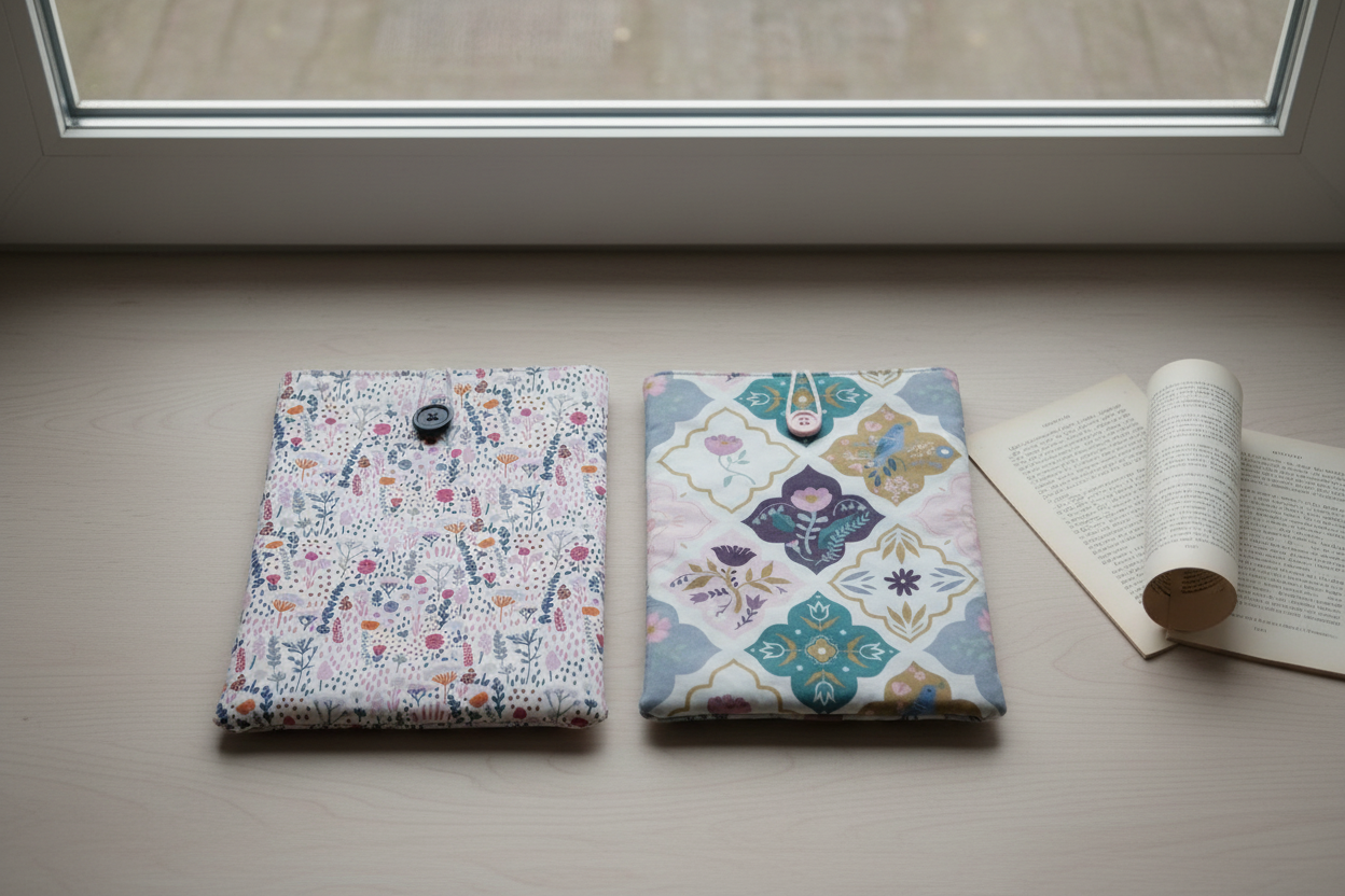Två blommiga book sleeves i fönster